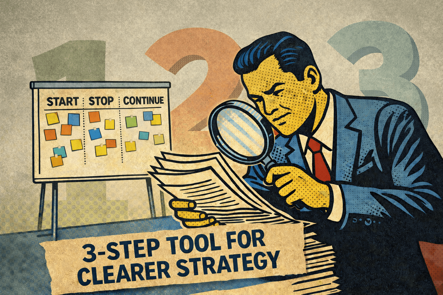 Illustration of a business professional reviewing documents in front of a whiteboard labeled Start, Stop, Continue, representing a three-step approach to brand and marketing clarity.