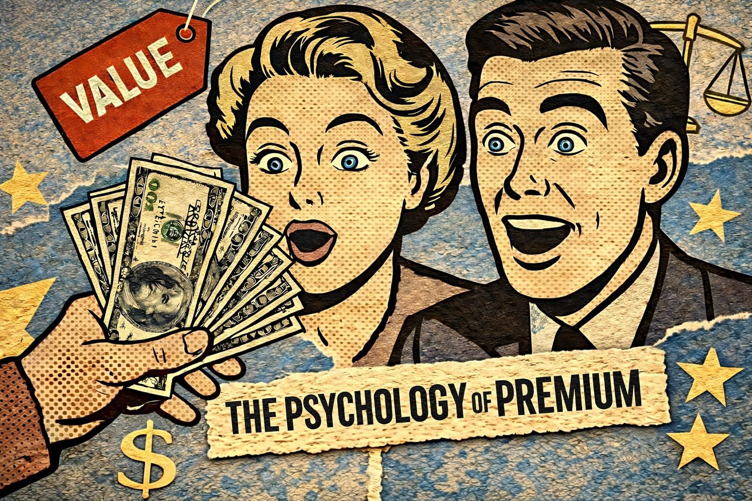 Pop art–style illustration of a surprised couple reacting to a hand holding cash, with a textured background, value tag icon, and a torn paper banner reading “THE PSYCHOLOGY OF PREMIUM.”