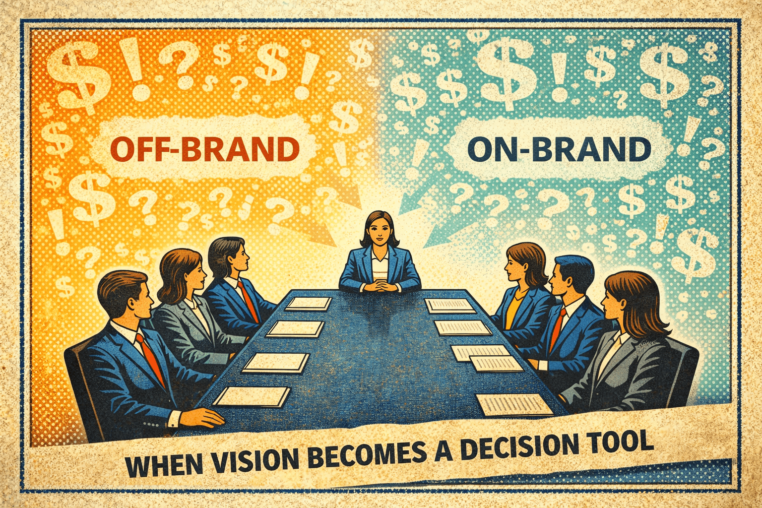 Vintage-style illustration of a board meeting with seven professionals around a conference table, split between “OFF-BRAND” chaos and “ON-BRAND” clarity, with symbols like question marks, exclamation points, and dollar signs representing decision-making, and the caption “When Vision Becomes a Decision Tool.”