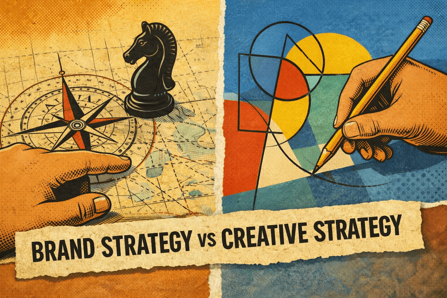Pop art-style split collage illustrating brand strategy versus creative strategy: on the left, a hand points to a vintage map with a compass rose and a chess knight; on the right, a hand draws layered geometric shapes with a pencil; a torn paper banner across the bottom reads “Brand Strategy vs Creative Strategy.”