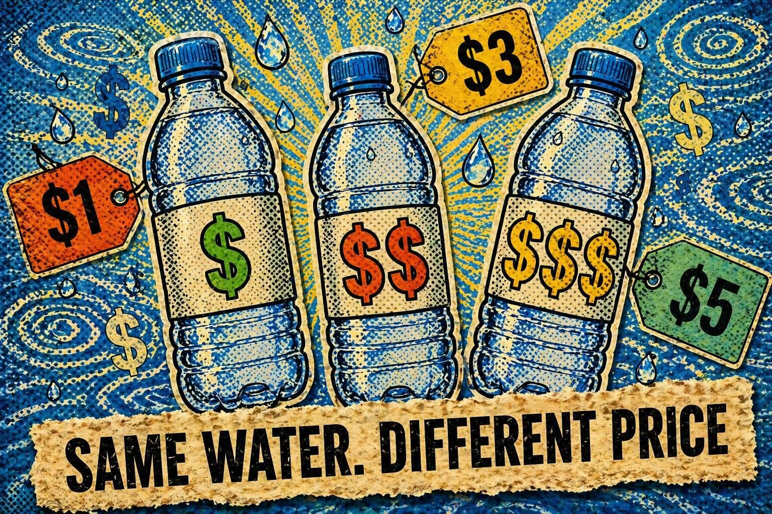 Pop art illustration of three identical water bottles labeled with different prices ($1, $3, $5), representing how context influences perceived value and pricing.
